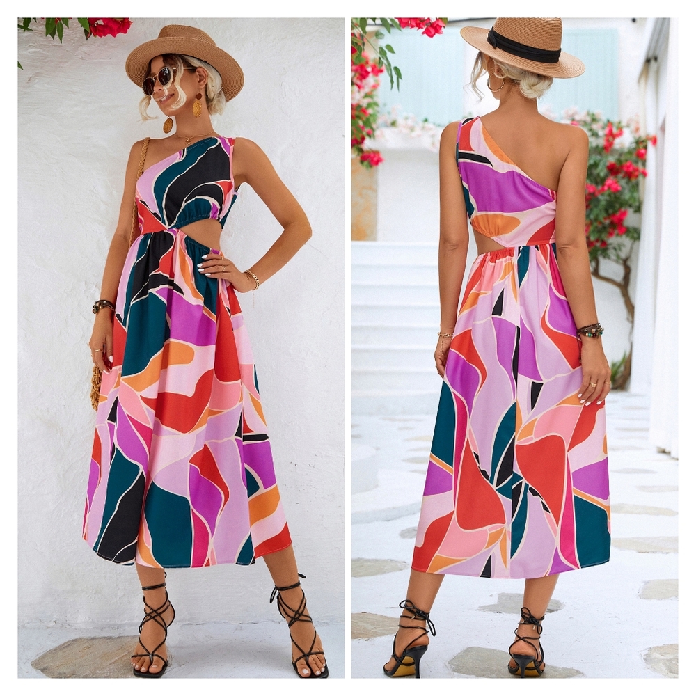 Magenta Printed One Shoulder Dress